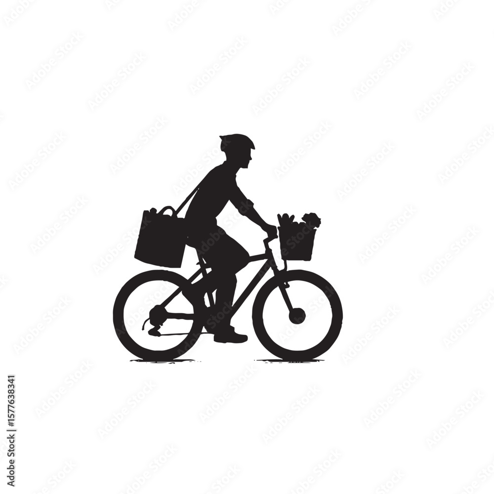Fototapeta premium City Bike Rider with Grocery Bag Silhouette on White Background – Vector Illustration for Urban Mobility, Sustainable Shopping, and Daily Commute Concepts