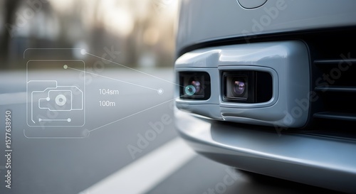 Close up of an autonomous vehicle sensor system on a generic car showing digital data overlay on paved road during daytime with shallow depth of field