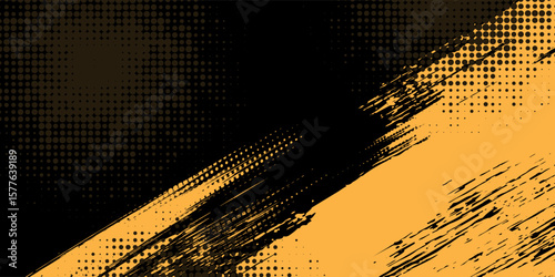 Black and yellow abstract background with brush stroke and halftone style. abstract grunge