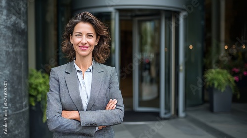 female financial advisor on the left side of picture, elegantly dressed in a women's suit, stands in front of the entrance to the office