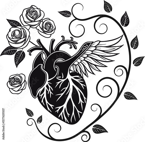 Anatomical Heart With Wings And Roses leaves vines