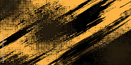 Black and yellow abstract background with brush stroke and halftone style. abstract grunge
