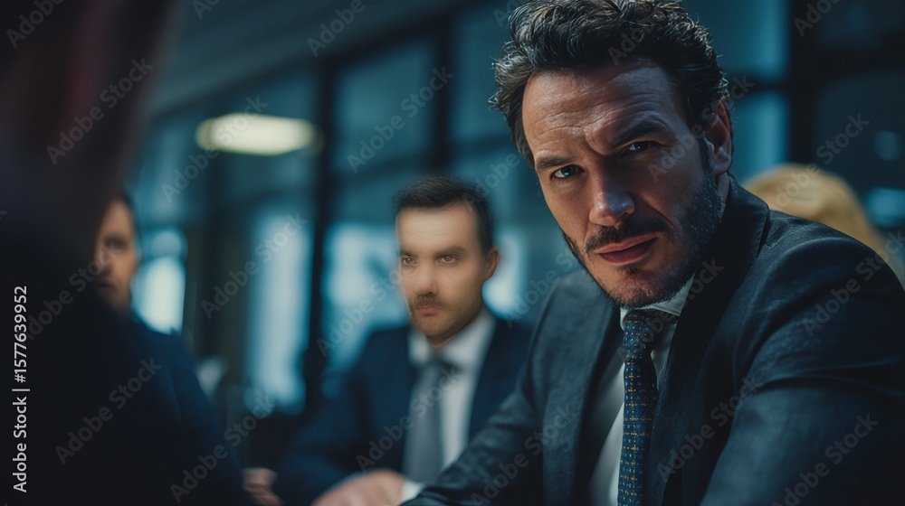 Obraz premium formal business negotiation, handsome authoritarian CEO, sharply dressed, intense expression, commanding presence, colleagues around, modern office setting