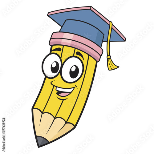 Smiling yellow pencil cartoon character cheerfully wears graduation cap against a transparent backdrop