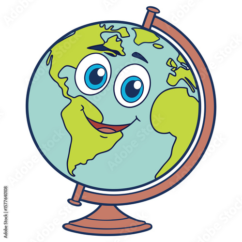 Smiling globe character shows continents and oceans atop a brown stand on white