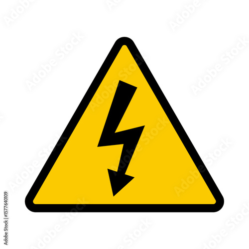 Yellow triangle warning sign with lightning bolt arrow. Danger high voltage sign