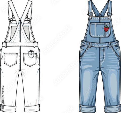 Classic Denim Overalls with Heart Patch Detail: Casual and Stylish Fashion Illustration