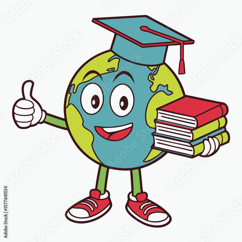 Happy earth cartoon character gives thumbs up and holds colorful books while wearing graduation cap