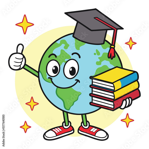 Cartoon planet earth wears graduation cap and sneakers while holding books with a smile