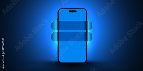 3d mobile phone screen on light glow background with glass notifications. Vector illustration