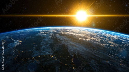 Fototapeta Naklejka Na Ścianę i Meble -  The sun rises over the Earth, casting a warm glow across the planet's surface. The vibrant colors of the sunrise contrast with the dark