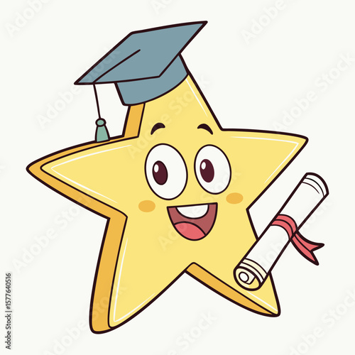 Smiling yellow star cartoon character wears graduation cap and holds diploma with ribbon