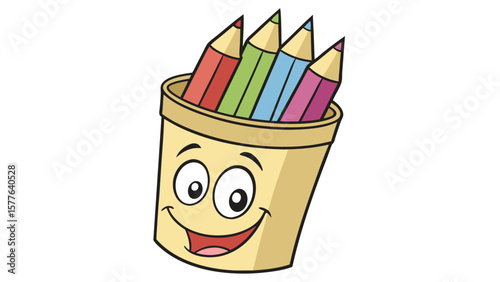 Smiling cartoon pencil holder showing colorful pencils on a white background is isolated