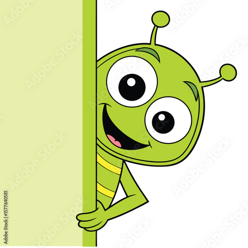A cute, smiling green cartoon alien is peeking around the corner of a solid shape