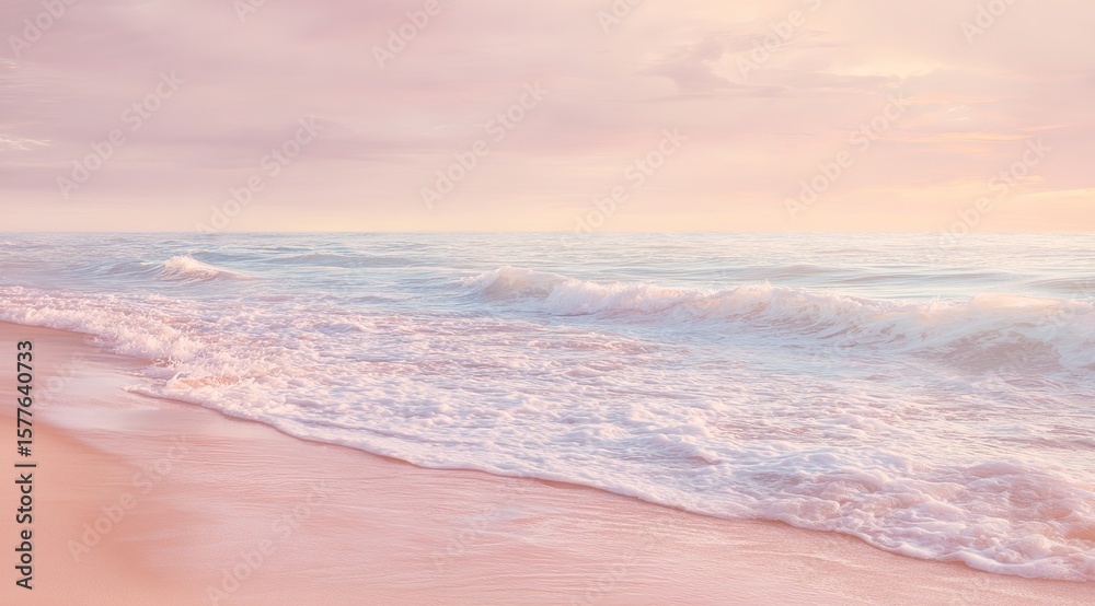 Obraz premium Serene beach scene with soft pink sand and gentle waves, bathed in warm sunset glow, evoking tranquility. Pastel blue sky adds dreamy atmosphere, perfect for calming backgrounds or covers.