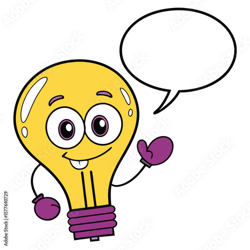 Smiling cartoon lightbulb character is presenting an idea in a speech bubble on transparent background