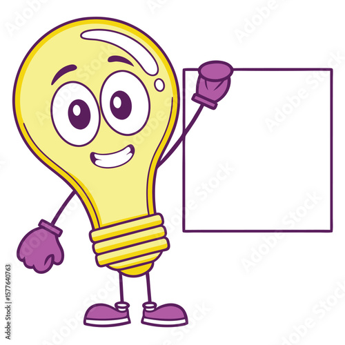 Happy yellow light bulb cartoon character is holding a blank white square board