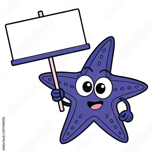 Smiling cartoon purple starfish holds blank white sign, ready for your message with transparent background