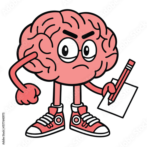 Annoyed brain character wears sneakers and glasses while writing on paper against white