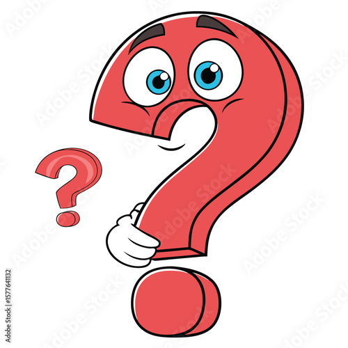 Animated question mark character with big blue eyes considers another question mark in air