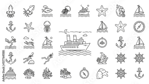Marine Life and Nautical Line Icon Set – Sea Creatures, Sailboat, Lighthouse, Anchor, Compass, Coral Reef Vector Illustration