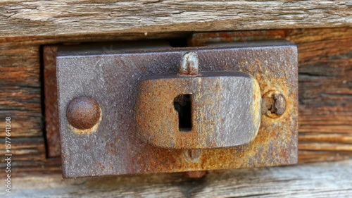 Rusted metal latch on weathered wood