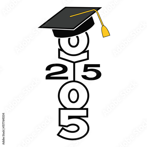 A black graduation cap rests atop the vertical year 2025 in outline format