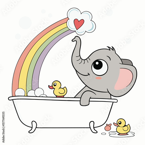 Adorable Baby Elephant in Bubble Bath with Rainbow and Ducks