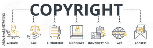 Copyright web banner icons Vector illustration concept of with keywords, author, law, guidelines, identification, authorship, web, address