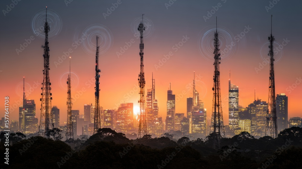 Fototapeta premium Communication Towers Emit Signals Against a Vibrant Skyline at Sunset in a Modern Urban Setting