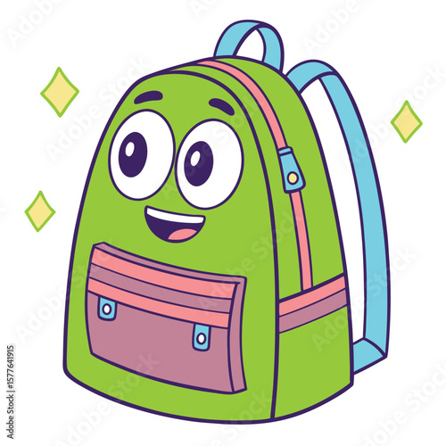 Cheerful green cartoon backpack smiles happily amidst glimmering sparkles on a transparent background
