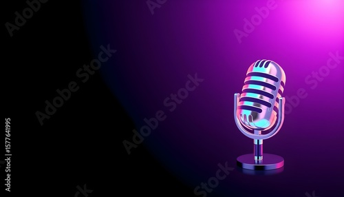 Retro Microphone Glowing Under Purple Spotlight, Ideal for Podcast, Music, or Voice Recording Content