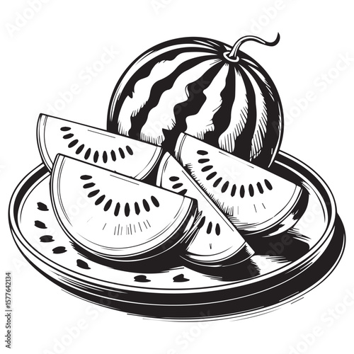 Striking black and white illustration of a whole watermelon and several sliced pieces artfully arranged on a plate