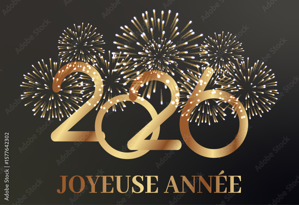 carte ou bandeau pour souhaiter une joyeuse année 2026 en or avec derrière un feu d'artifice de couleur or sur fond  noir