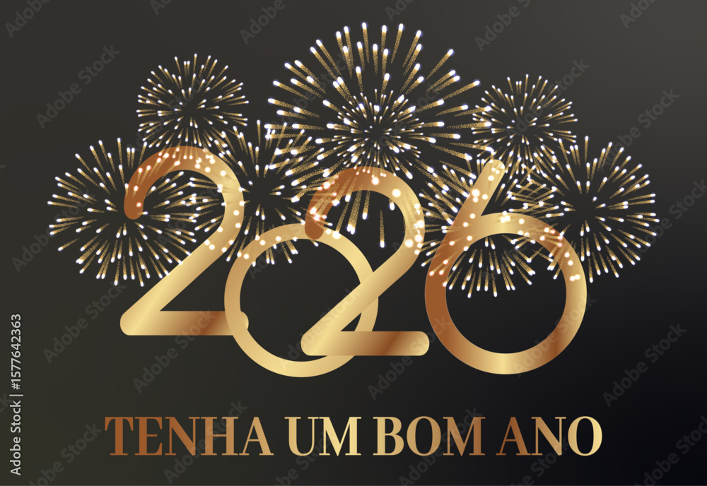 cartão ou banner para desejar um feliz ano novo 2026 em dourado com um fogo de artifício dourado sobre um fundo preto atrás dele