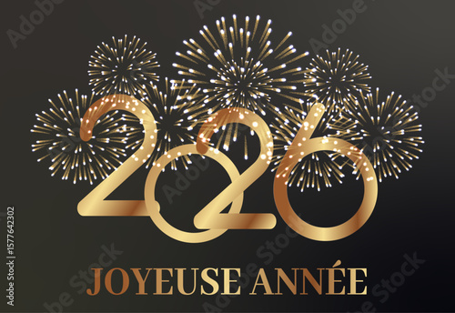 carte ou bandeau pour souhaiter une joyeuse année 2026 en or avec derrière un feu d'artifice de couleur or sur fond  noir