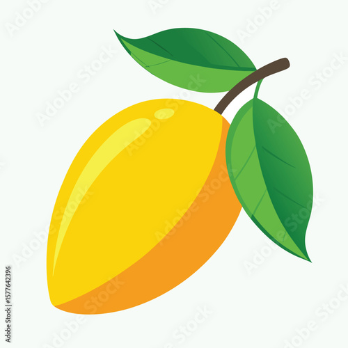 Bright yellow mango with green leaves on a branch isolated on white background