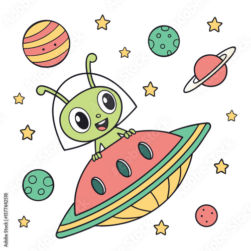 Adorable Alien Astronaut in Spaceship Cute Space Cartoon Illustration