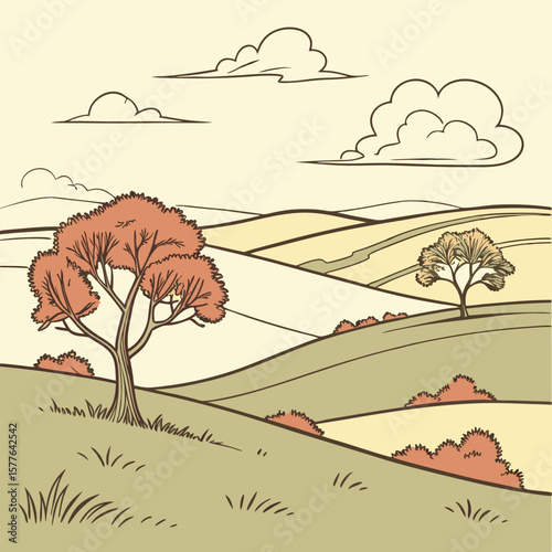 Autumnal Rolling Hills Landscape Illustration