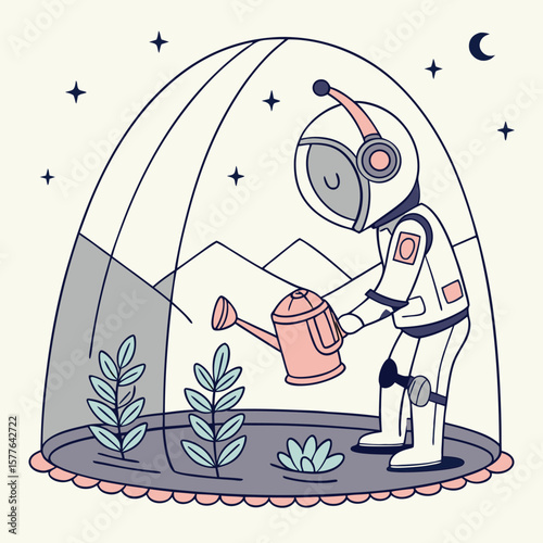 Astronaut Tending Glowing Plants Under Glass Dome Space Gardening Illustration