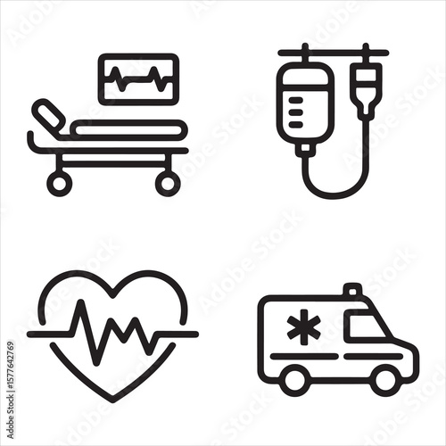 Medical Line Icons – Ambulance, Heartbeat, IV Drip, Hospital Bed Vector Set
