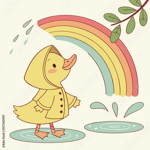 Adorable Duckling in Yellow Raincoat Playing in Puddle under Rainbow