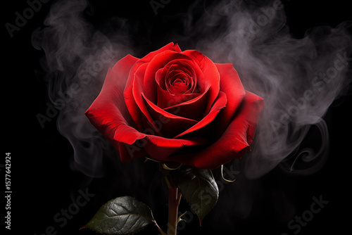 Red rose with smoke on black background