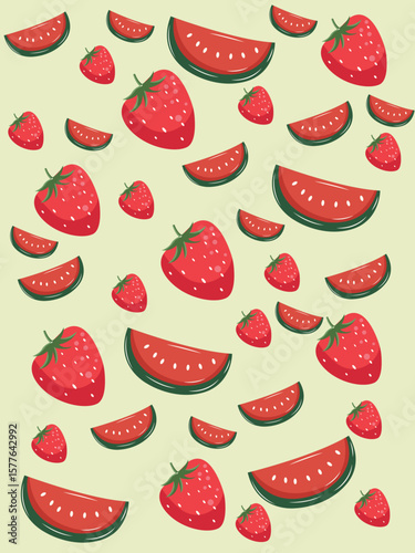 Hand drawn strawberry and watermelon seamless pattern