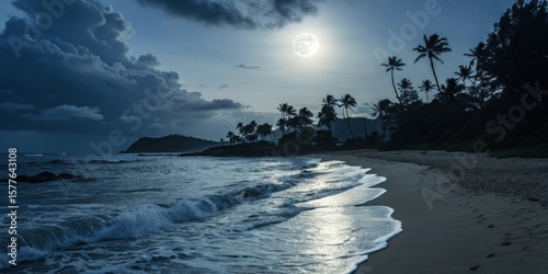 Fototapeta Naklejka Na Ścianę i Meble -  A beach at night with a bright moon shining over the ocean and palm trees visible