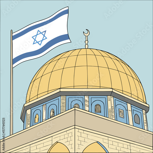 Israel Flag and Dome of the Rock A Low-Angle Vector Illustration