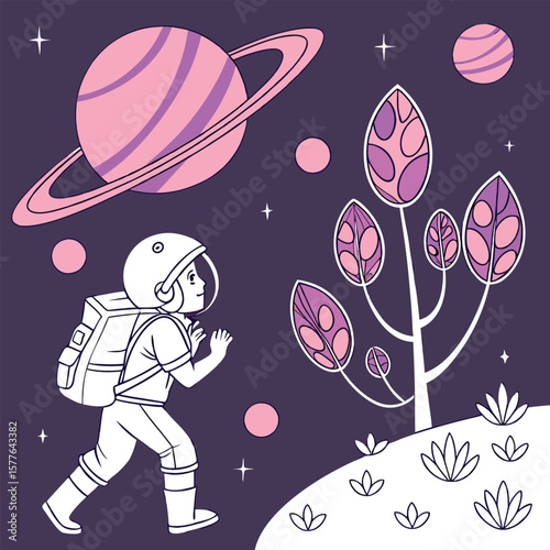 Minimalist Vector Illustration Alien Child Astronaut Exploring a New Planet