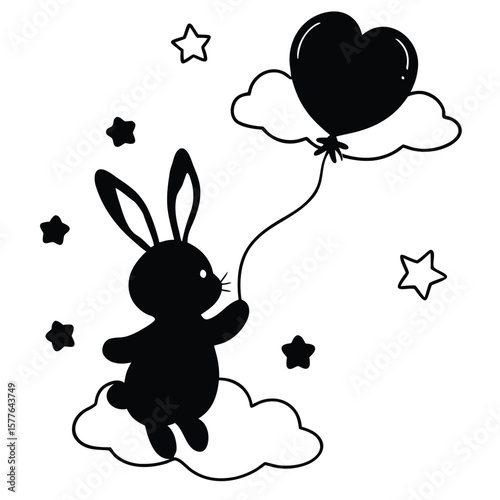 Adorable Bunny Silhouette Holding a Heart Balloon A Sweet Dreamy Illustration