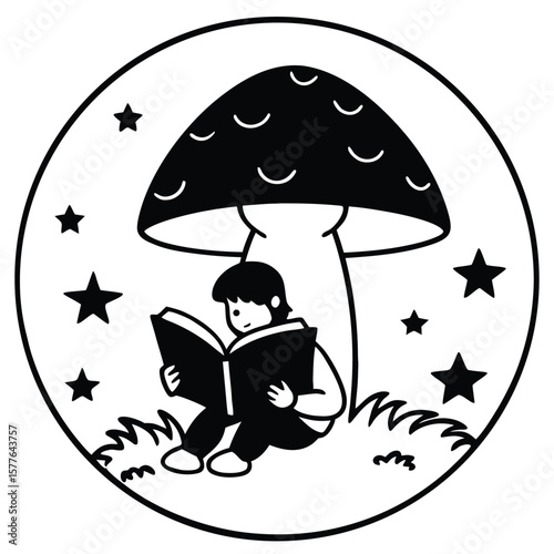 Enchanted Silhouette Child Reading Under Giant Mushroom