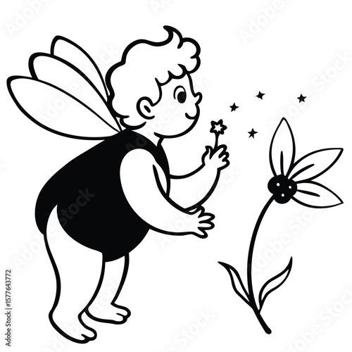 Chubby Fairy Silhouette Blowing Magic Sparkles onto Flower